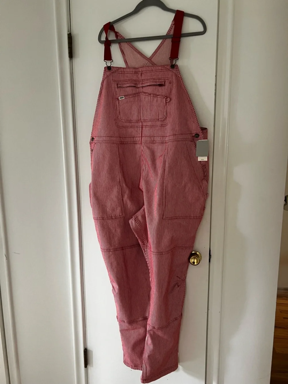 Duluth Trading Co Pink Cotton Overalls with Red Straps - Picture 2 of 6